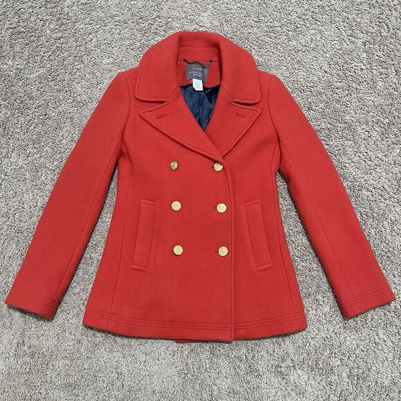 J Crew Jacket Womens Size 0 Coral Red Wool Peacoat Stadium Cloth Nello Gori - Picture 1 of 9